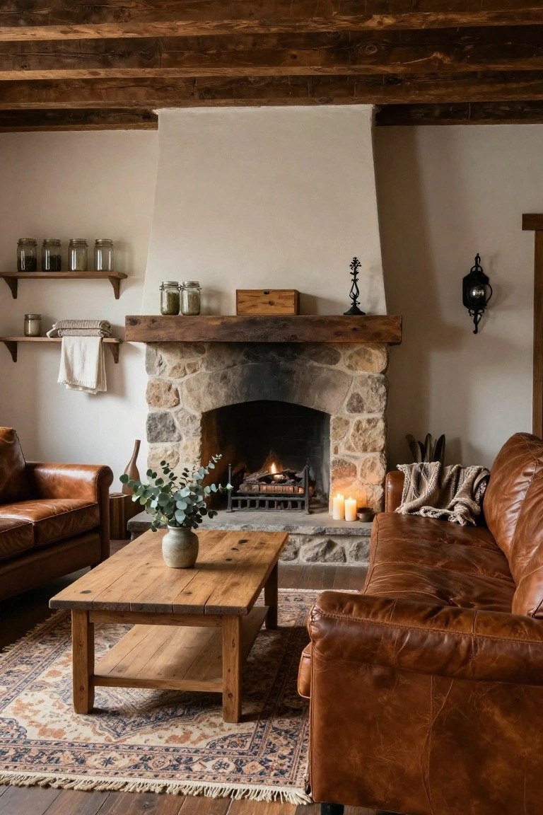 A living room with two brown leather sofas facing a lit stone fireplace, wooden beamed ceiling, wooden coffee table with eucalyptus vase, candles, and shelves with jars on white walls.