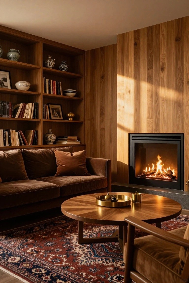 A living room with brown velvet sofa and armchair on a red Persian rug, wooden bookshelves with books and ceramics, wood-paneled walls, round wooden coffee table with brass tray and cups, and black-framed fireplace with flames.