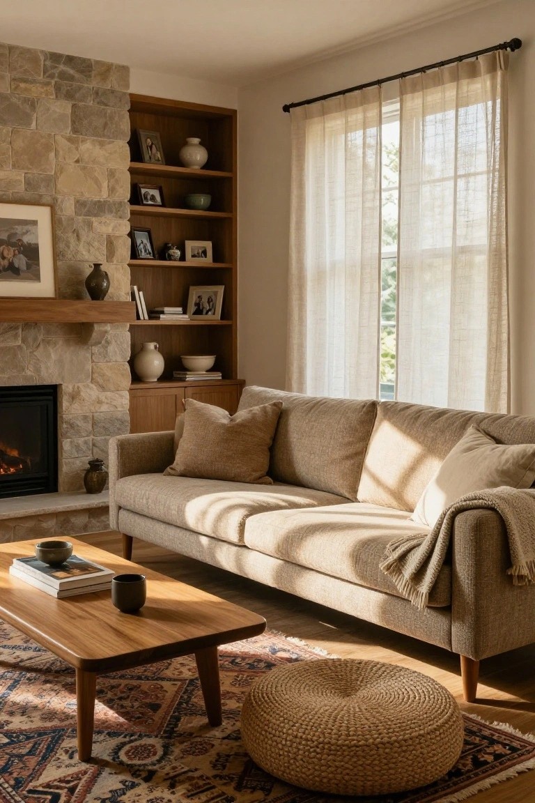 A beige textured sofa with tapered wooden legs sits in a living room with a stone fireplace, wooden coffee table, rattan pouf, and sheer curtains over a window.