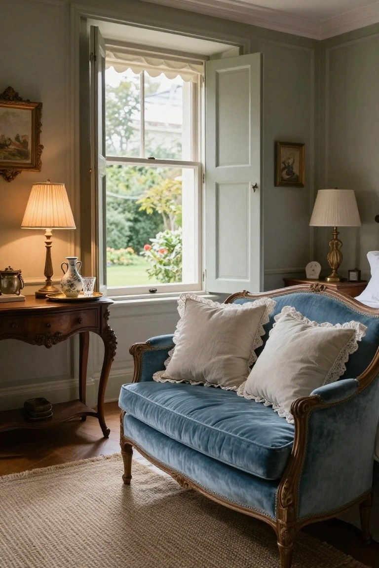 Blue velvet antique-style loveseat with white lace-edged pillows on a beige rug in a sage green room, beside a wooden table with lamp and vase, open sash window showing garden outside.