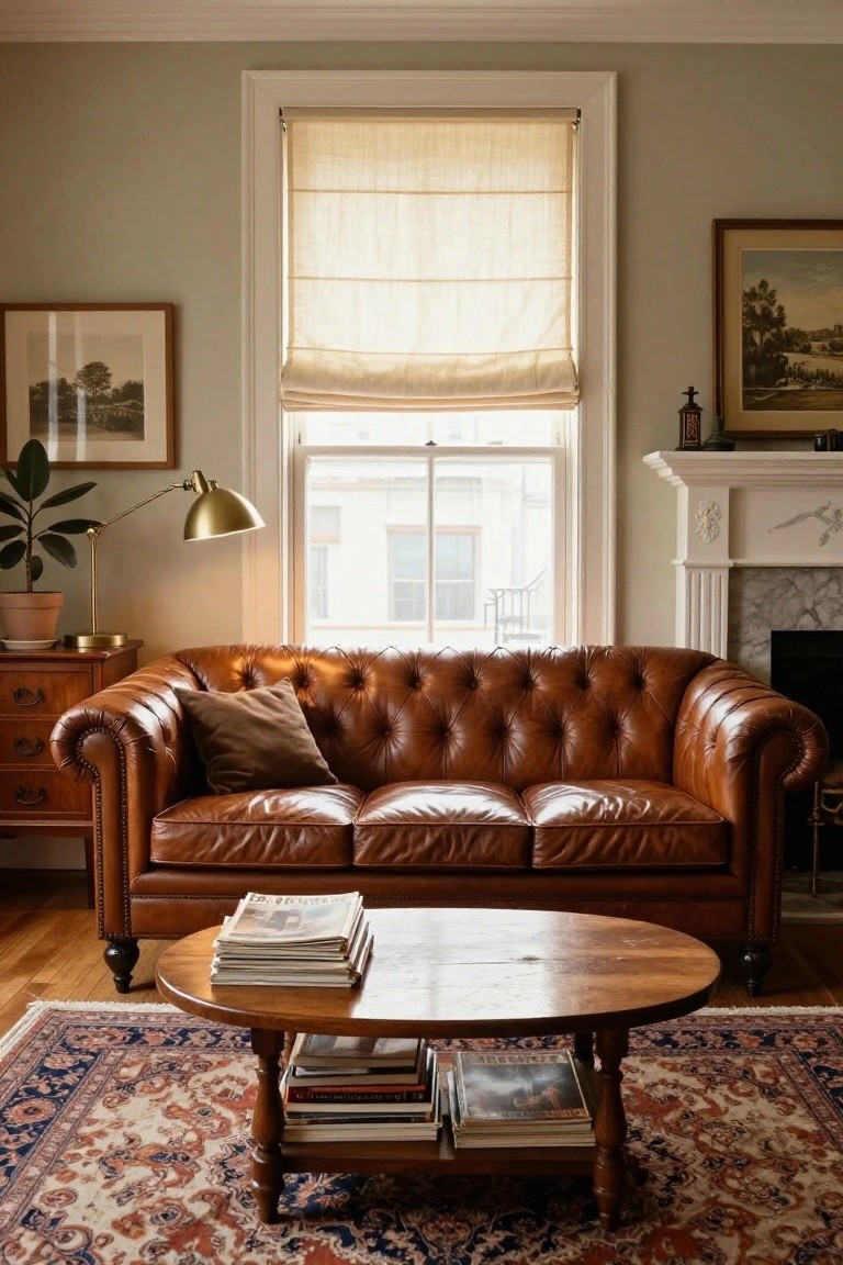 A living room with a brown tufted leather Chesterfield sofa facing a marble fireplace, oval wooden coffee table holding stacked magazines and books, Persian rug on hardwood floor, potted plant, brass lamp, and large window with beige roman shade.
