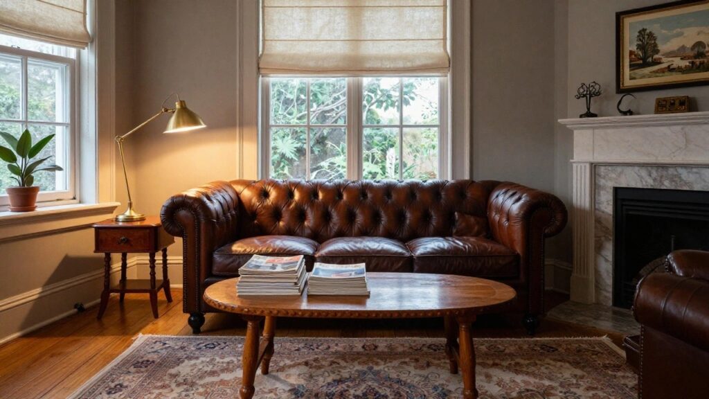 A living room with a brown tufted leather Chesterfield sofa facing a marble fireplace, oval wooden coffee table holding stacked magazines and books, Persian rug on hardwood floor, potted plant, brass lamp, and large window with beige roman shade.