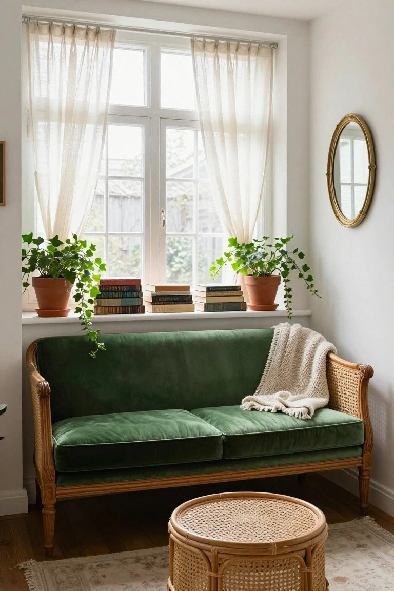 A green velvet sofa with cane arms and legs positioned by a window with sheer curtains, ivy plants in terracotta pots and stacked books on the wide sill, and a round rattan stool in front on a patterned rug.