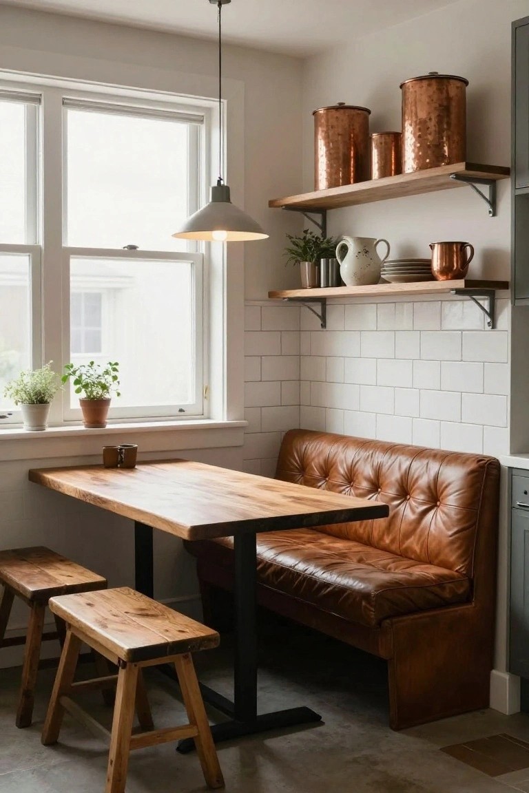 Kitchen nook with tan tufted leather banquette booth, wooden table and stools, copper pots on wooden wall shelves, plants on windowsill, white subway tile walls, and pendant light.