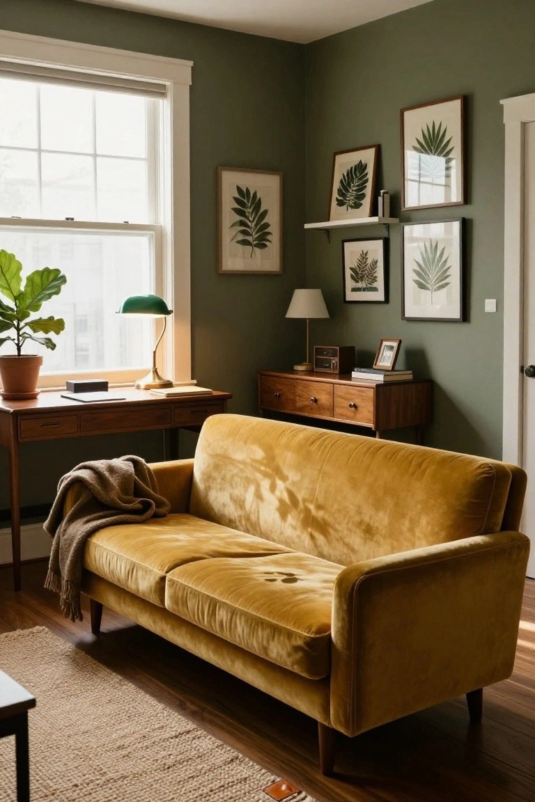 Mustard yellow velvet sofa in a sage green room with wooden desk, chest of drawers, fiddle leaf fig plant in terracotta pot, botanical prints on walls, and natural light from window.