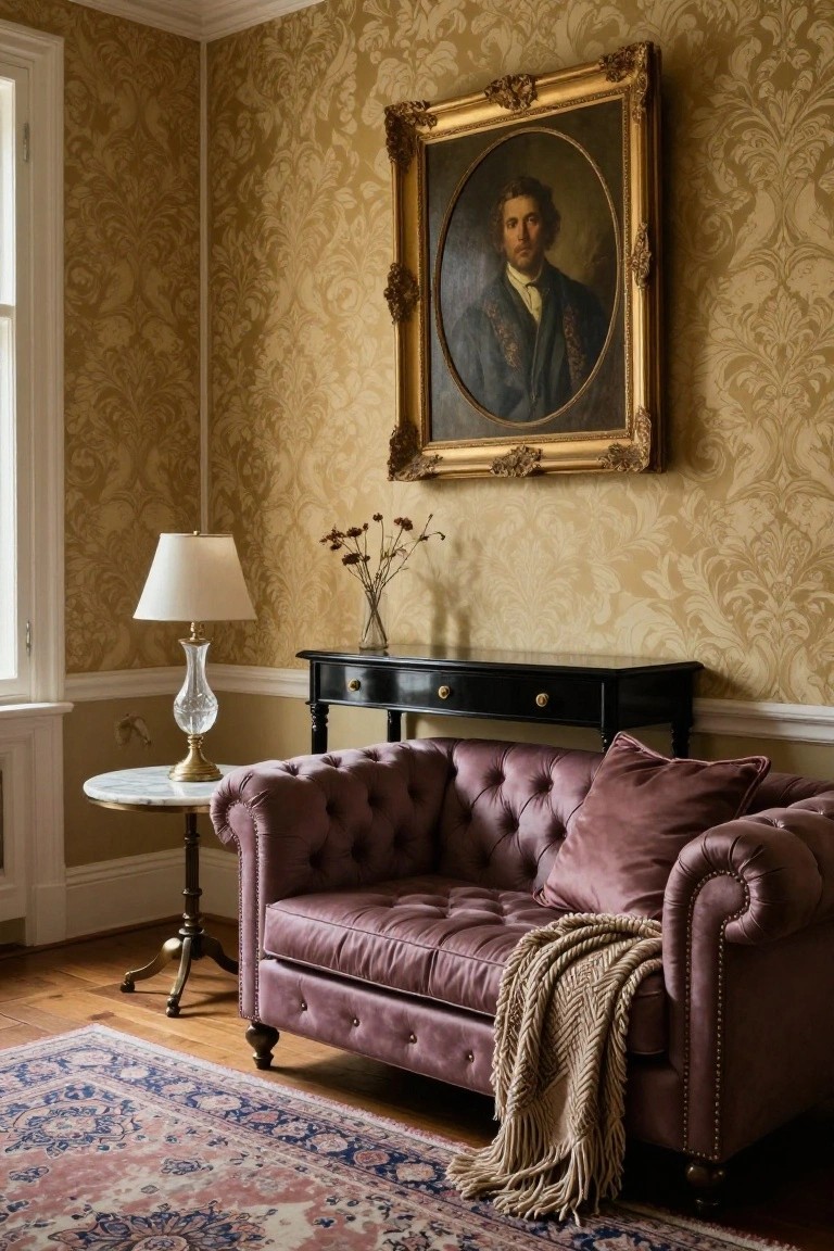 Corner of an elegant room with gold damask wallpaper, large oval portrait of a man in gilded frame, crystal lamp on marble table, black console table, purple tufted leather Chesterfield sofa with pillows and knit throw, and oriental rug on wood floor.