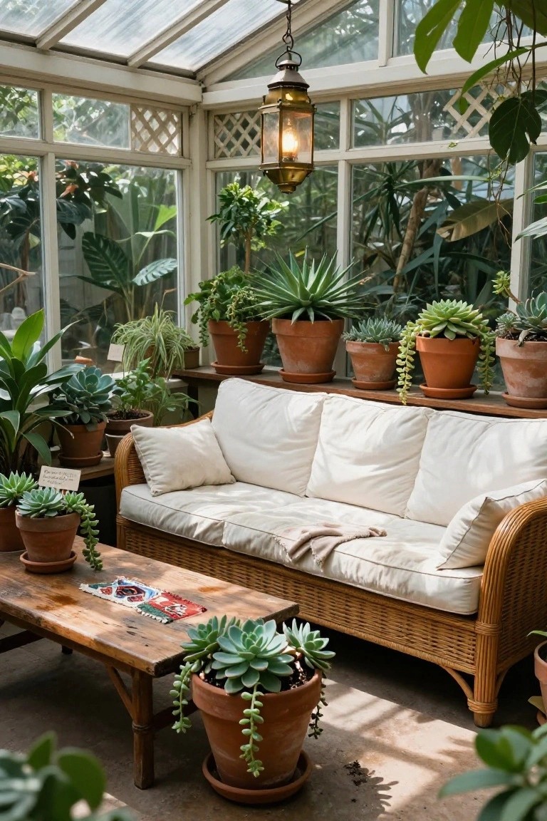 White-cushioned rattan sofa and wooden coffee table in a glass conservatory filled with potted plants including succulents and palms.