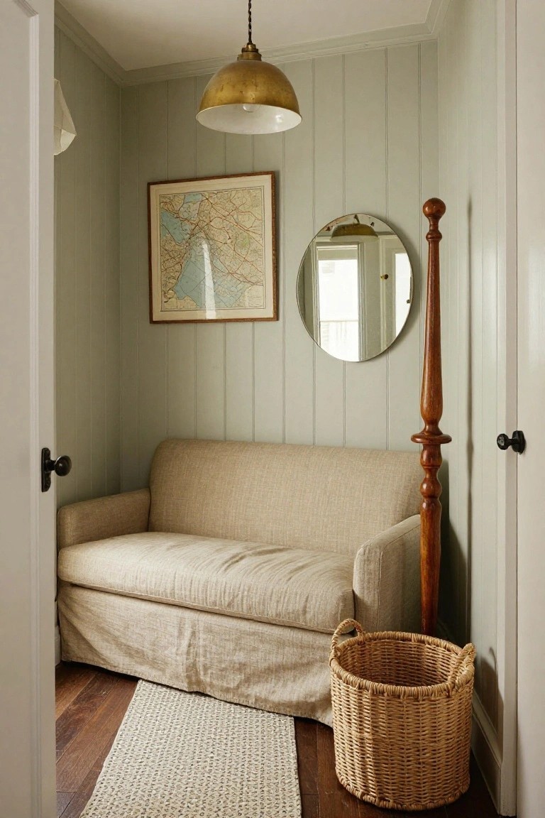 Small indoor room with sage green vertical paneled walls, cream linen slipcovered loveseat sofa, brass pendant light, framed map on wall, round mirror on tall wooden post, wicker basket, seagrass rug, and open doors on hardwood floor.