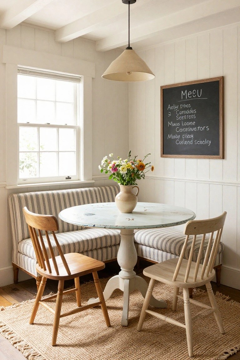 Cozy indoor dining nook featuring a striped upholstered bench along the wall, wooden ladderback chairs, round whitewashed pedestal table with terracotta vase of flowers, chalkboard menu on shiplap wall, pendant light, and window.