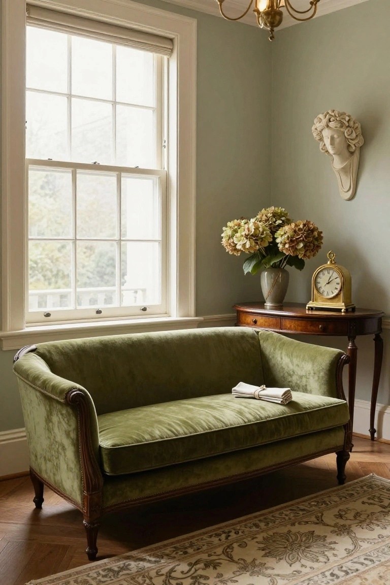 Green velvet curved sofa in a sage green room by a tall window, next to a mahogany console table with hydrangeas in a vase and a gold clock.