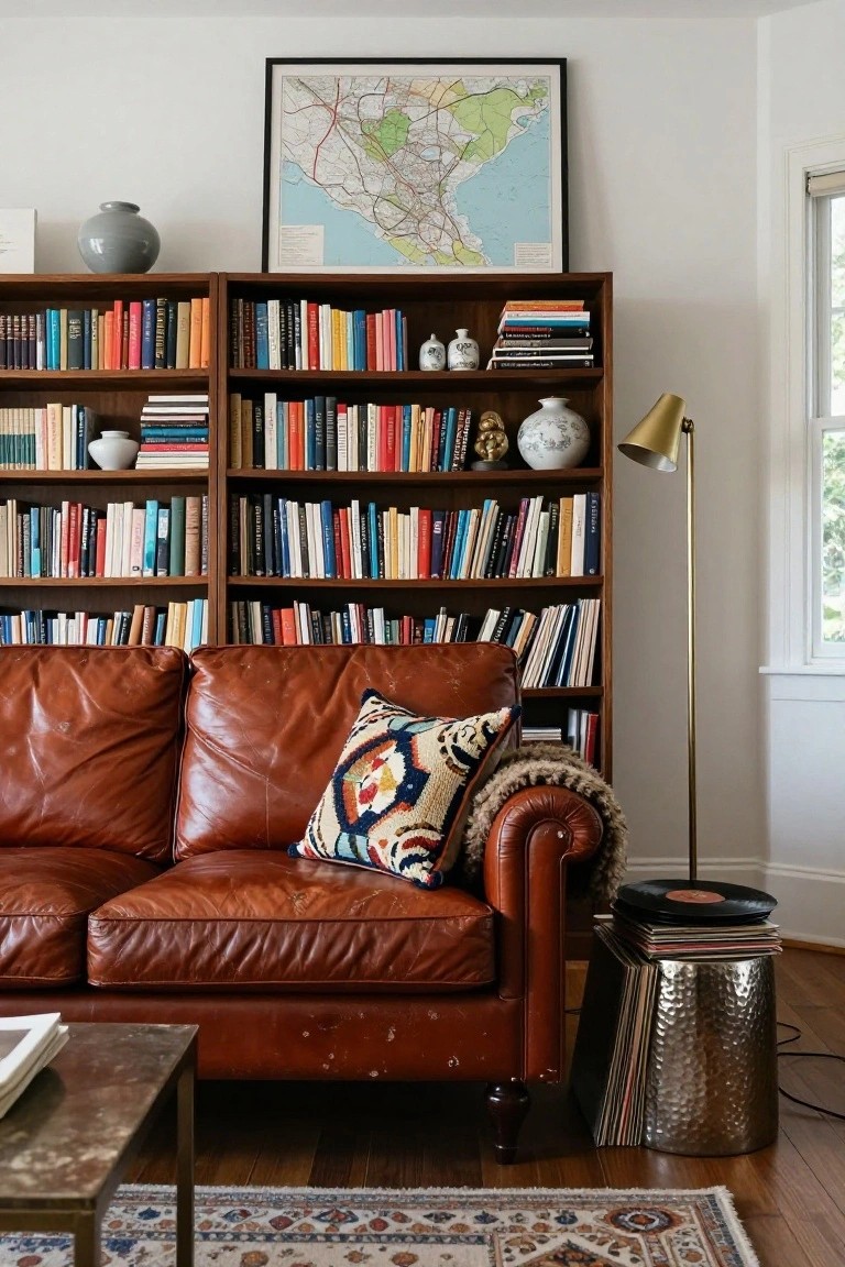 Reddish-brown tufted leather sofa in front of wooden bookshelves filled with colorful books and ceramics, with a brass arc lamp, hammered metal stool holding vinyl records, coffee table, and Persian rug in a white-walled room.