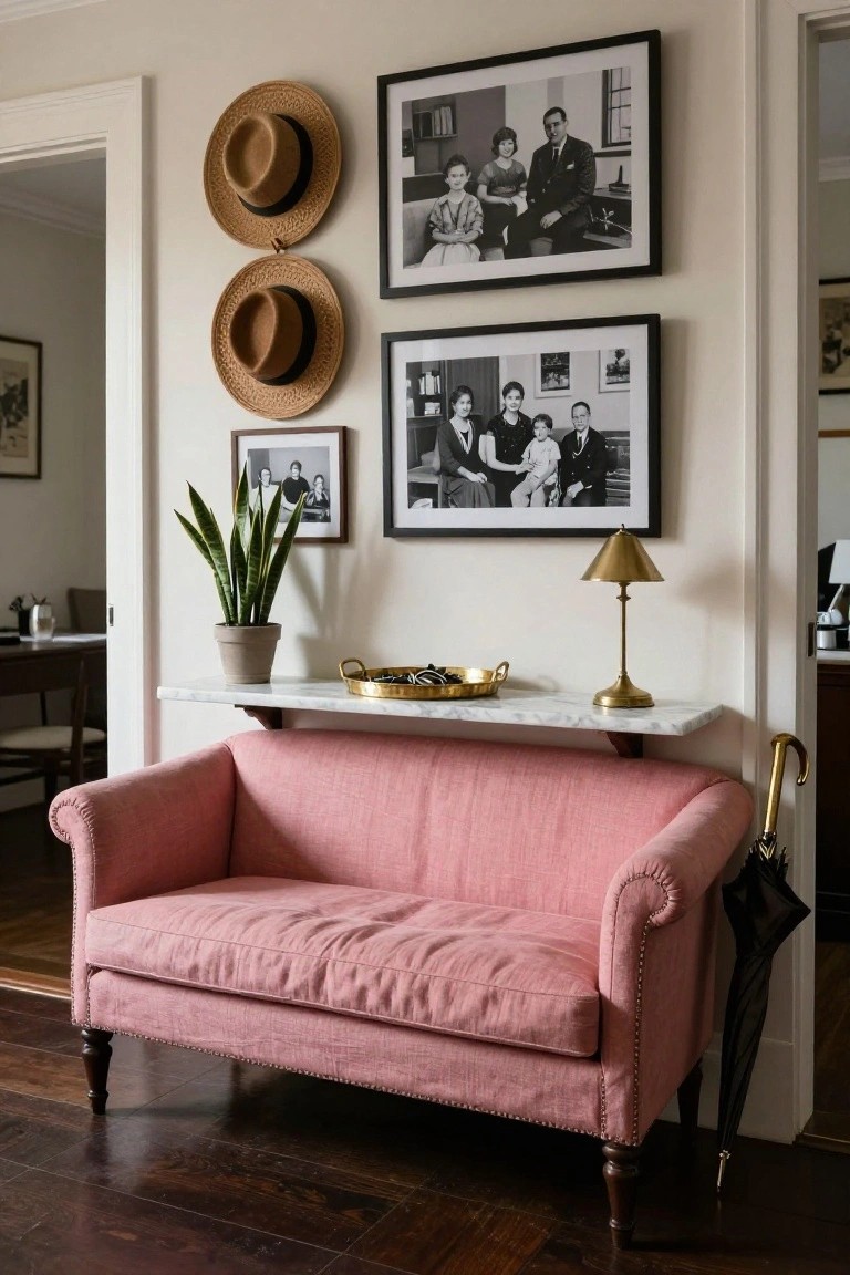 Pink sofa with marble shelf, brass lamp, hats, and framed photos.