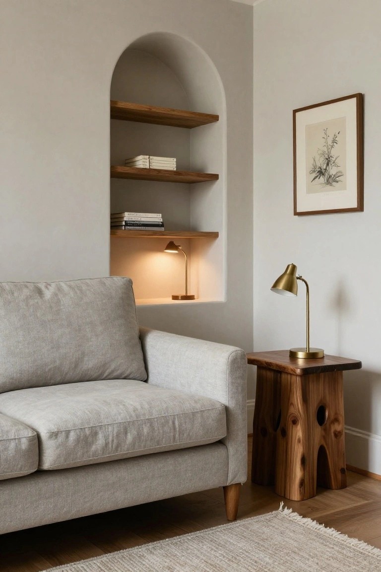 Light gray fabric sofa next to a wooden stool side table in a room with beige walls, an arched alcove with wooden shelves holding books, two brass desk lamps, and a cream rug on oak flooring.