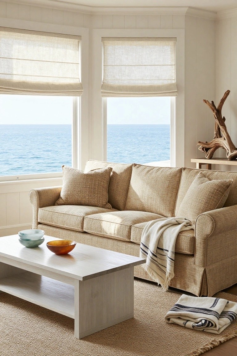 Beige textured fabric sofa with pillows and throw in a white corner living room, large linen-shade windows overlooking blue ocean, white coffee table holding ceramic and glass bowls, seagrass rug, and wood side table with driftwood sculpture.