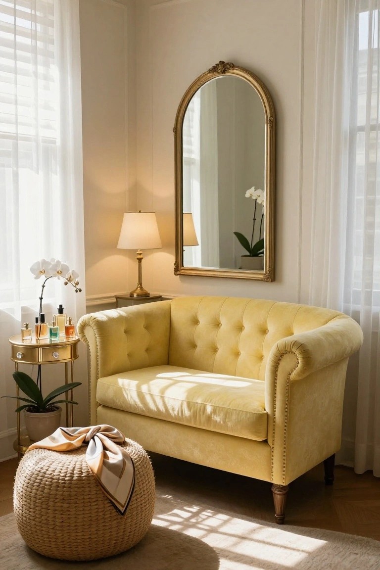 Corner of a beige room with a yellow tufted velvet loveseat, gold cart holding perfume bottles and orchids, brass lamp, arched gold mirror, potted plant, woven ottoman with scarf, and sheer curtains on two windows.
