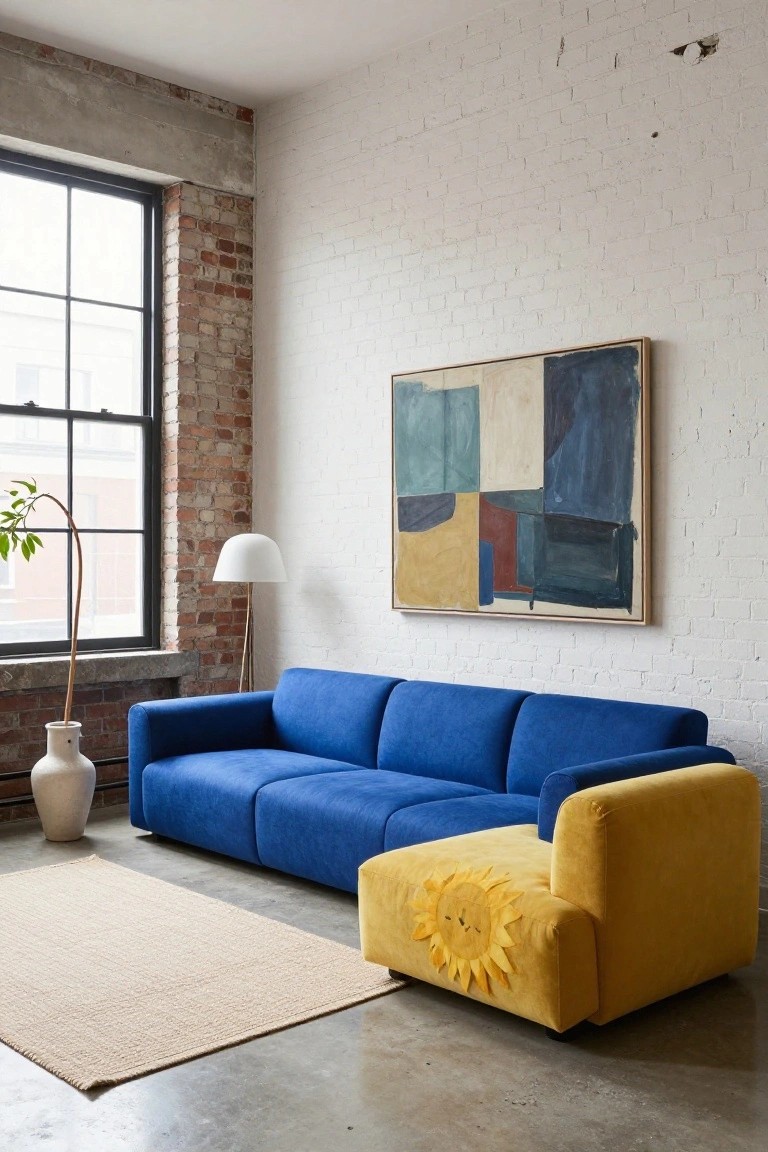 Industrial living room with exposed brick walls and concrete floor featuring a modular blue velvet sofa transitioning to a yellow section with embroidered sun design, plus a beige rug, white lamp, potted plant, vase, and abstract painting near large black-framed windows.