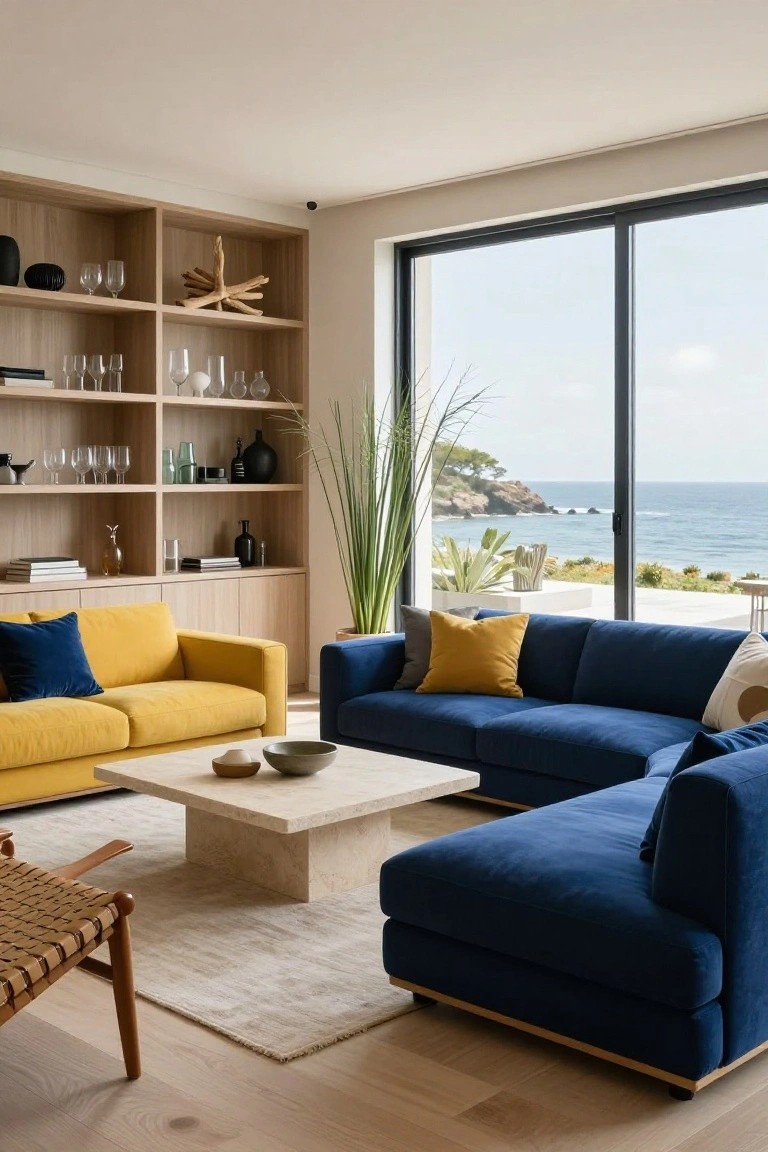 Modern living room with mustard yellow sofa and navy blue L-shaped sectional around travertine coffee table, wooden shelving units, potted plants, and large sliding glass doors overlooking ocean and rocks.
