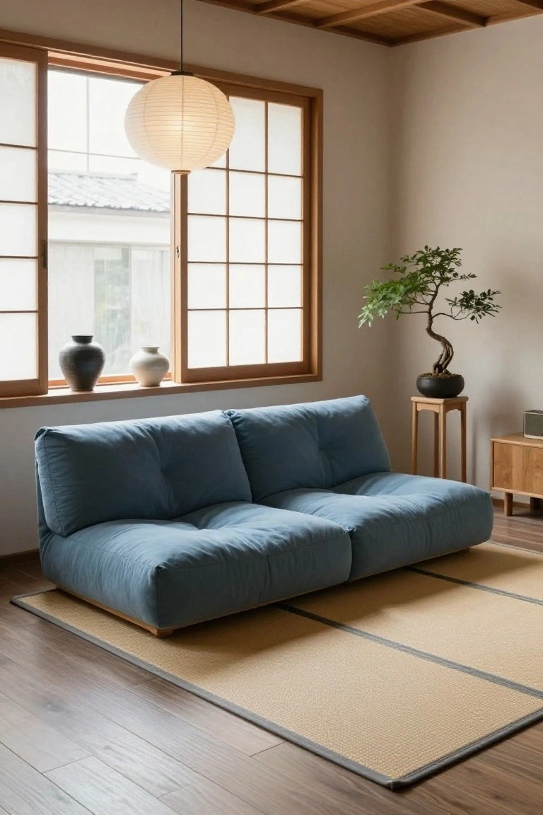 Low modular blue sofa on tatami mat in Japanese-style living room with shoji windows, hanging paper lantern, bonsai tree on wooden stand, ceramic vases on windowsill, wooden cabinet, and beige rug on hardwood floor.
