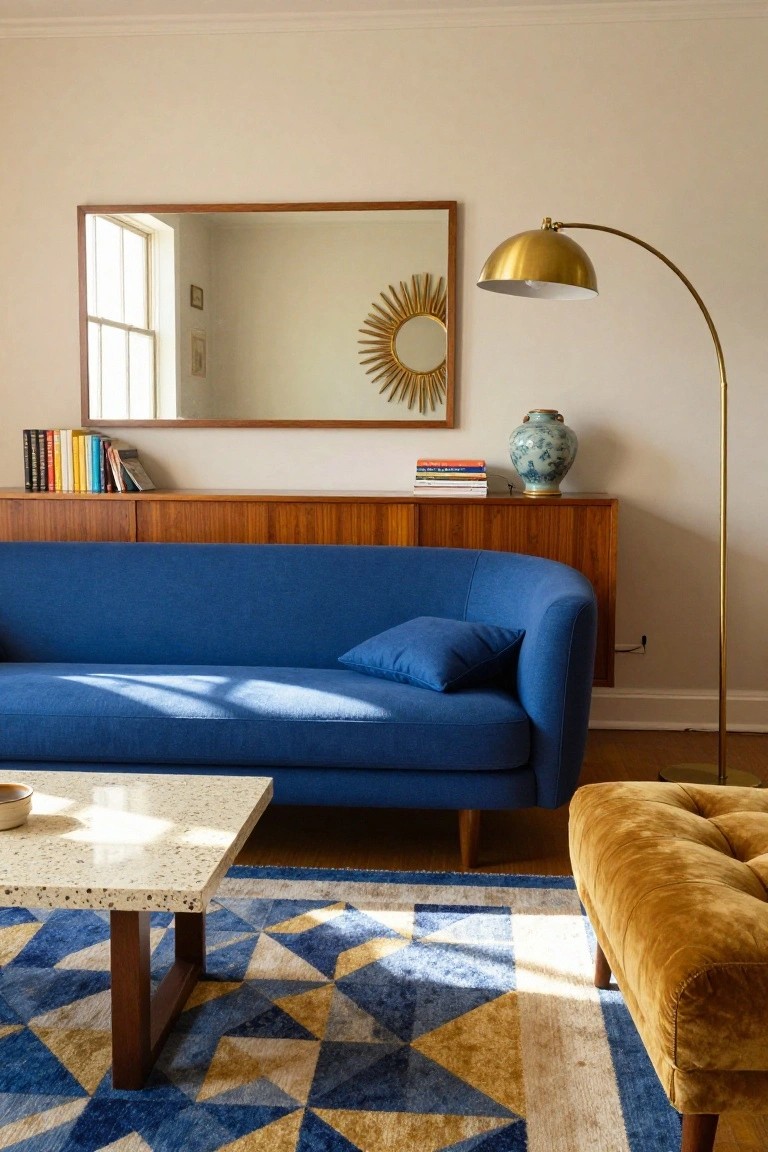 A sunlit living room with a curved blue sofa on a geometric blue and yellow rug, wooden credenza with books and blue-and-white vase, gold arc floor lamp, terracotta bowl on white coffee table, and mustard ottoman.