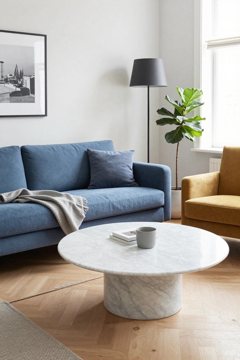 A living room with a blue fabric sofa draped in a gray throw, mustard yellow armchair, round white marble pedestal coffee table holding a mug and book, black floor lamp, fiddle leaf fig plant in a white pot, and herringbone oak flooring.