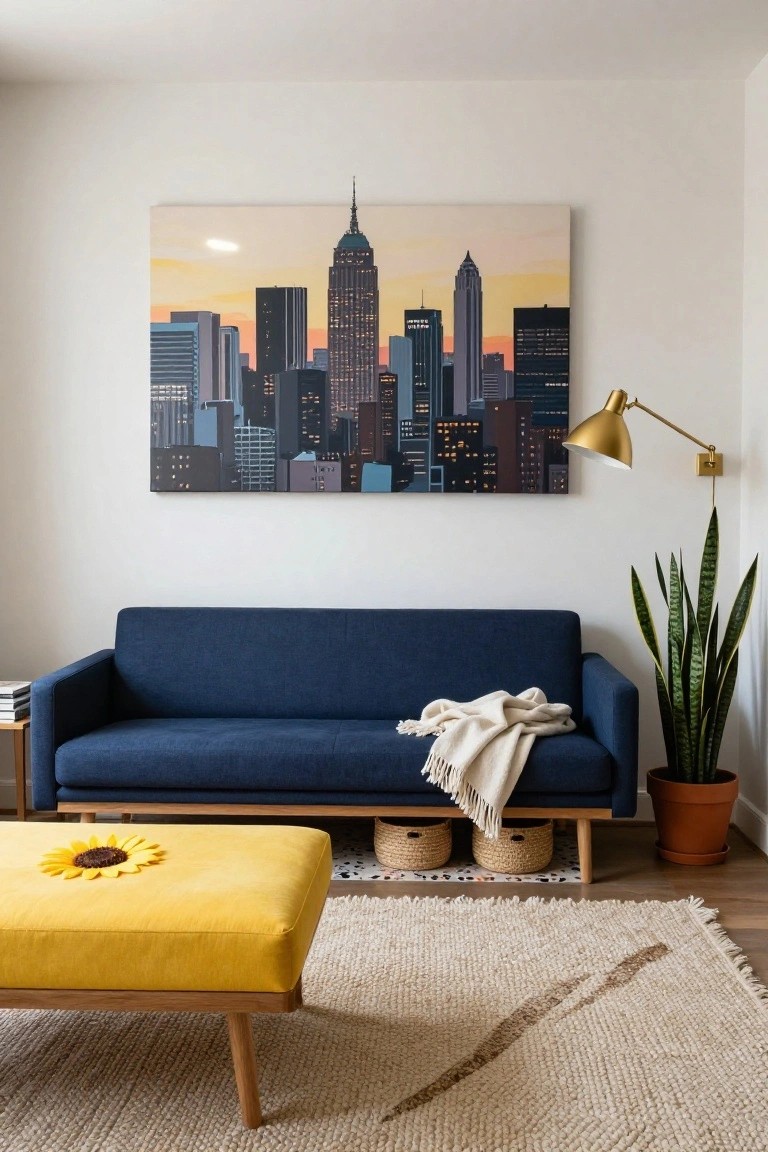 Modern living room with navy blue sofa, yellow sunflower ottoman, beige rug, snake plant in terracotta pot, gold wall lamp, side table with books, and large NYC skyline artwork on white wall.