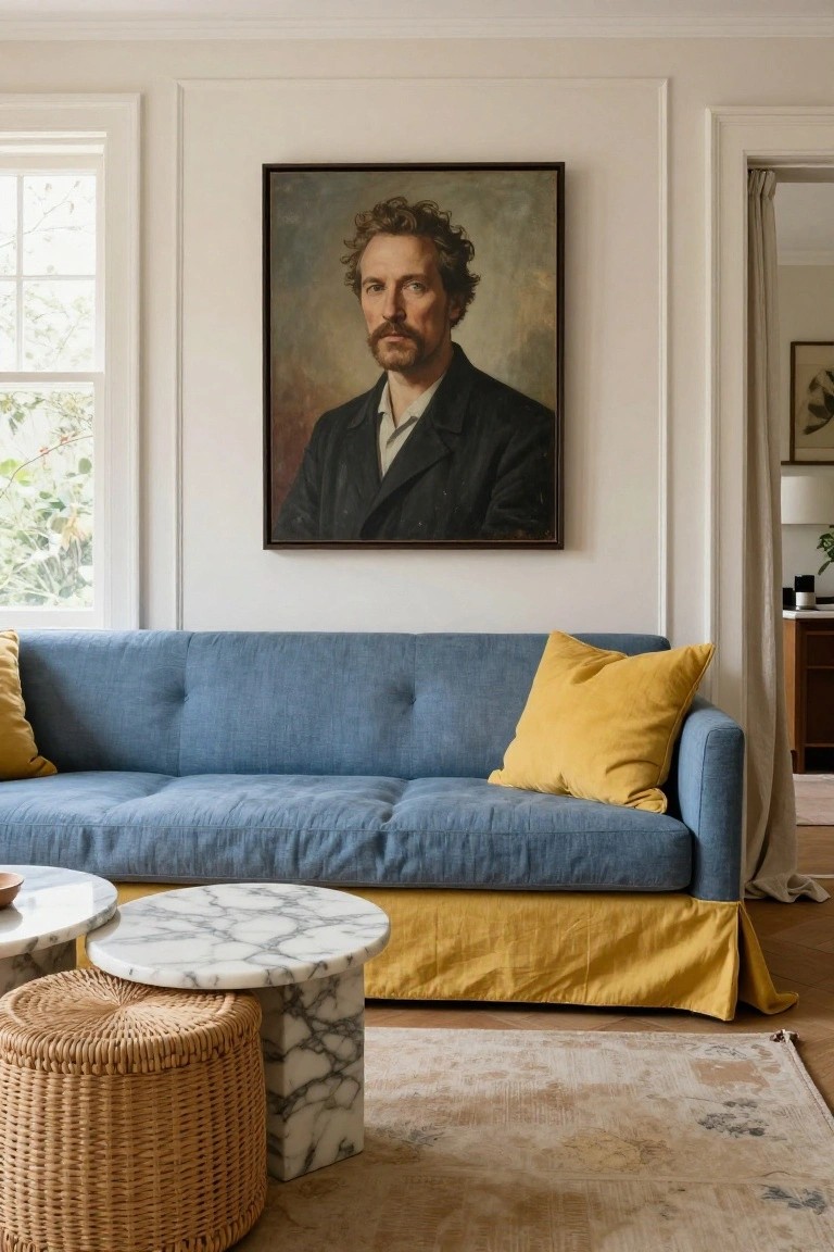 A living room with a blue tufted sofa that has a yellow skirt and yellow pillows, marble side tables, a wicker pouf, and a large portrait painting on the wall above the sofa.