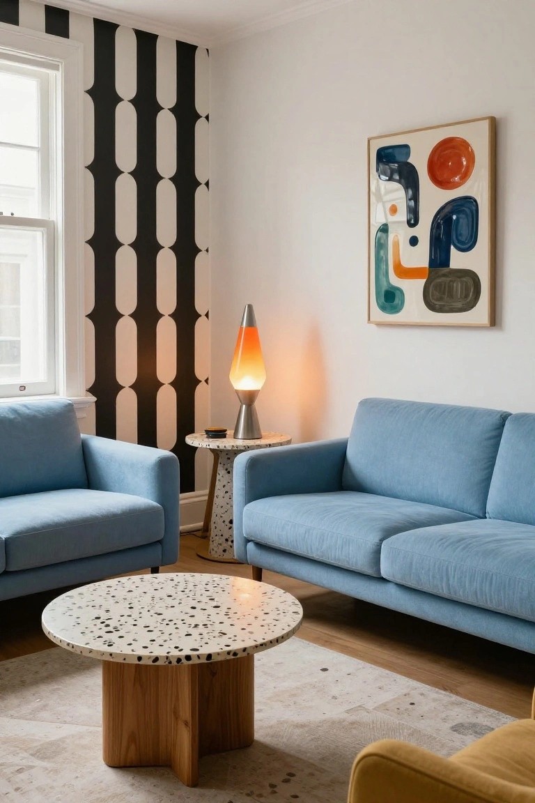 Living room interior with two light blue upholstered sofas facing a round white terrazzo coffee table on wooden legs, black and white striped wallpaper on one wall, orange lava lamp on a side table next to an abstract painting, and a yellow armchair in the corner.