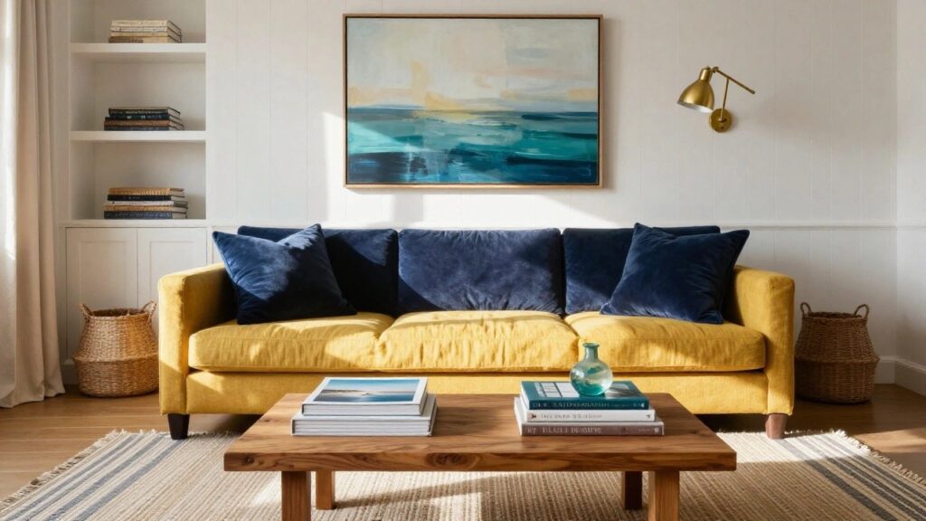 21 Blue and Yellow Sofa Living Room Ideas With Fresh Color Play Living room with navy blue velvet sofa accented by yellow pillows and throw, wooden coffee table with stacked books, white shiplap walls, built-in bookshelves, and large ocean art.