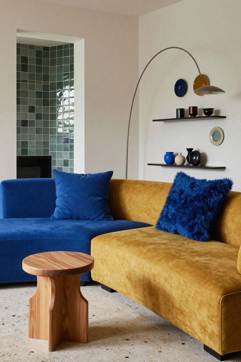 L-shaped sectional sofa in blue velvet connecting to mustard yellow velvet in a white-walled living room corner, with a wooden stool, black shelves holding ceramics and cups, arched floor lamp, and greenish tiled wall with fireplace opening in the background.