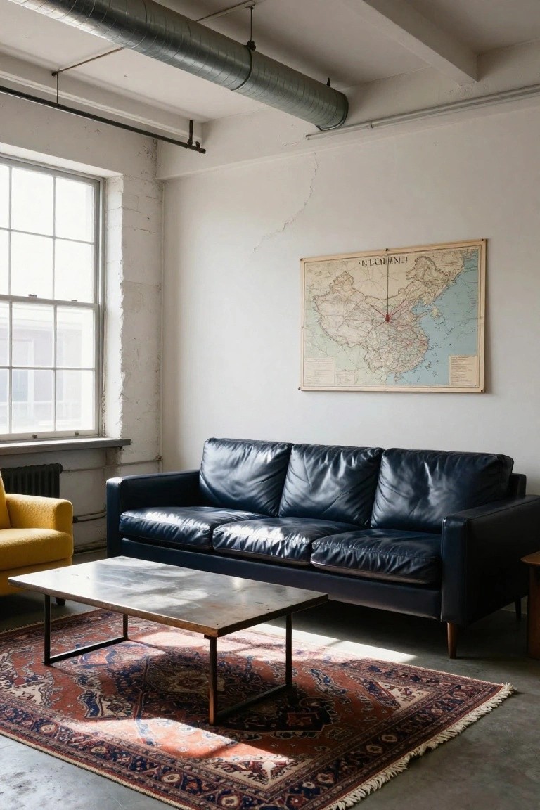 Industrial loft living room with navy blue leather sofa, yellow fabric armchair, low metal coffee table on Persian rug, exposed ducts overhead, and vintage map of China on white wall.