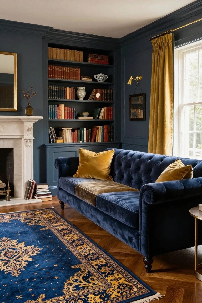 A tufted navy blue velvet sofa with yellow pillows sits on a blue and gold rug in a dark blue paneled living room featuring bookshelves, a white fireplace, gold mirror, and yellow curtains.