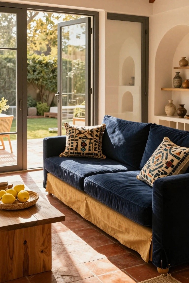 Navy blue velvet sofa with yellow skirt and patterned pillows on a low wooden coffee table holding lemons in a light-filled living room with open glass doors to a garden and terracotta tile floor.