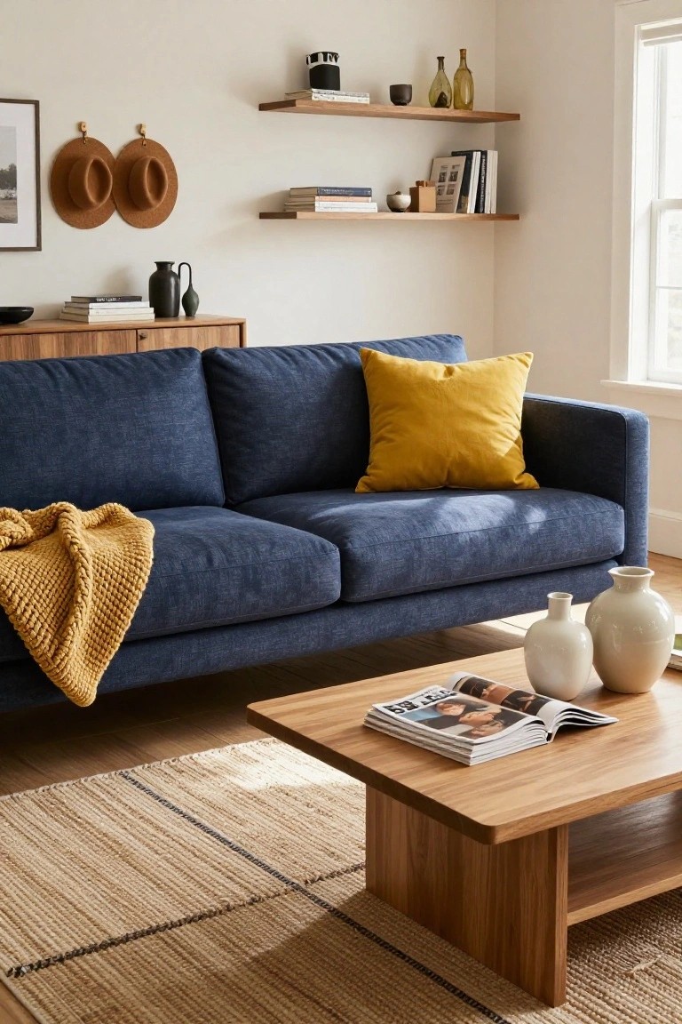 Living room with navy blue sofa holding yellow pillow and knit throw, wooden coffee table with magazines and vases, floating oak shelves with books ceramics and plants, beige seagrass rug, and white walls with window.