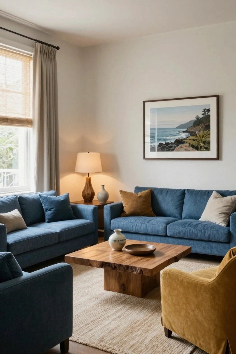 Living room with two navy blue fabric sofas facing each other around a low wooden coffee table, mustard yellow pillows on the sofas and a mustard armchair nearby, table lamp on side table, ceramic vases, and framed coastal landscape painting on white wall.