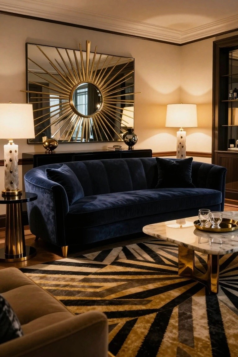 Living room interior with curved navy blue velvet tufted sofa, gold-legged marble coffee table, brass-accented lamps and side tables, large gold sunburst mirror, and black-white-yellow zig-zag rug.