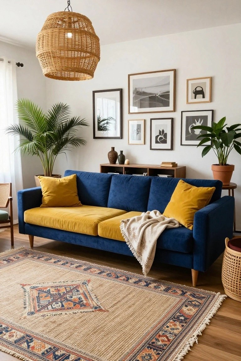 Living room with navy blue velvet sofa featuring mustard yellow velvet cushions and lower back panel, yellow throw blanket, potted palms, gallery wall of framed art, woven pendant light, wood shelves, and beige rug with blue and red patterns on hardwood floor.
