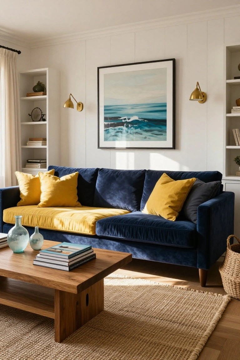 Living room with navy blue velvet sofa accented by yellow pillows and throw, wooden coffee table with stacked books, white shiplap walls, built-in bookshelves, and large ocean art.