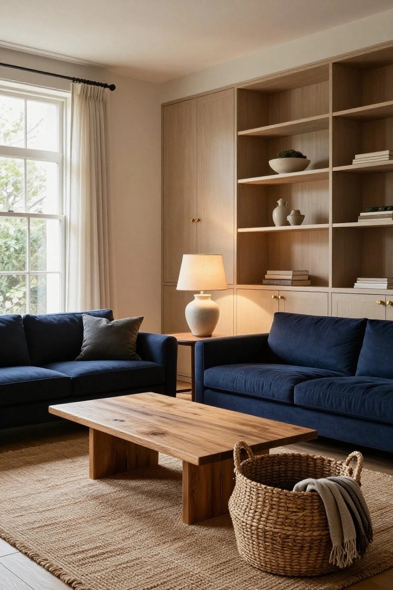 Modern living room with navy sofas, wooden coffee table, and built-in shelves.