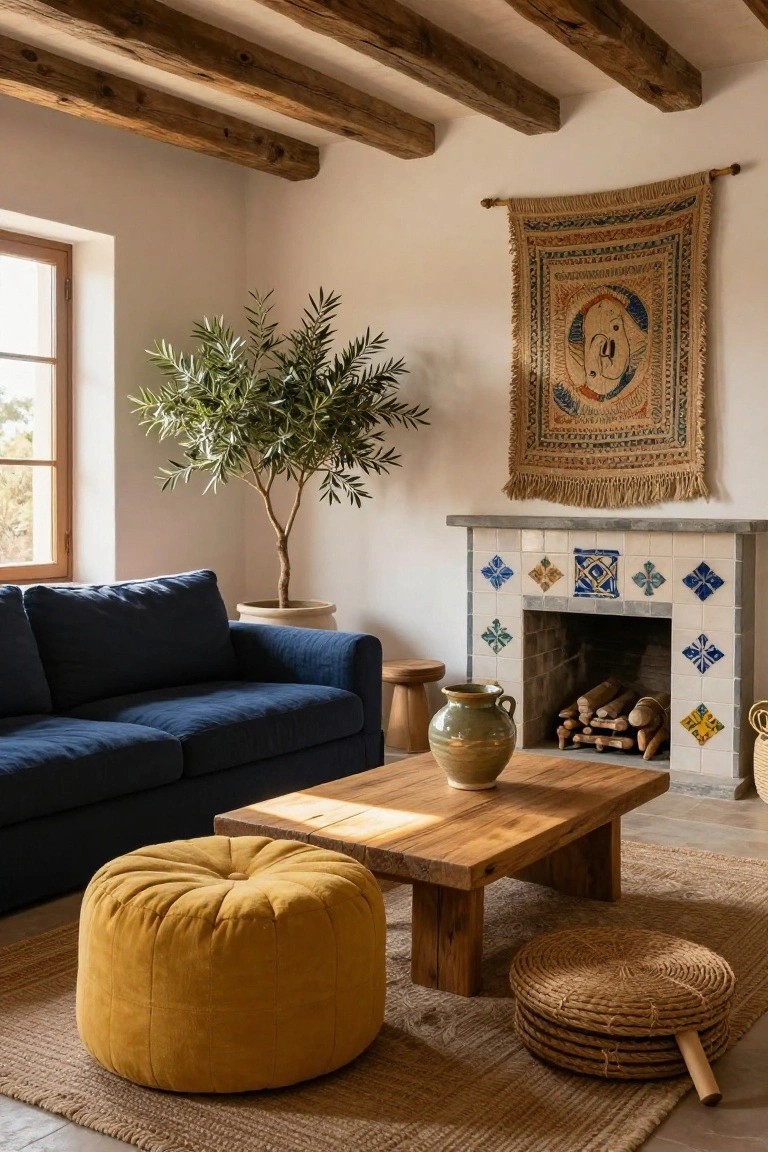 Living room interior with navy blue sofa, yellow tufted pouf, low wooden coffee table, green olive tree in pot, blue-and-white tiled fireplace, woven tapestry on wall, rattan stools, and beige rug under exposed wooden beams.