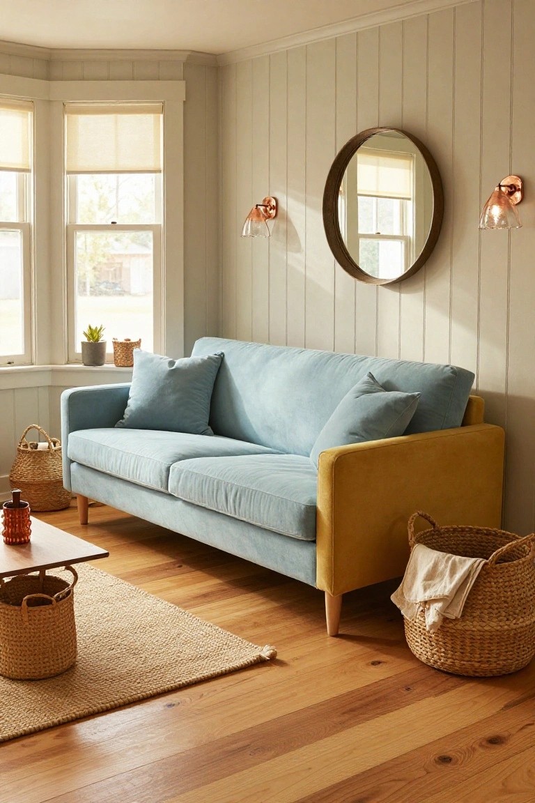 Living room with light gray shiplap walls, a blue velvet sofa with yellow arm panels, round wood mirror, potted plant on windowsill, wicker baskets, low coffee table, and hardwood floors.