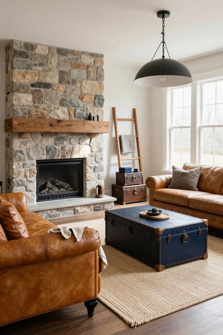 Living room with gray stone fireplace, oak mantel, two tan leather sofas facing each other across a navy blue trunk coffee table on a seagrass rug, wooden ladder shelf nearby, black pendant light overhead, white shiplap walls, and large windows.