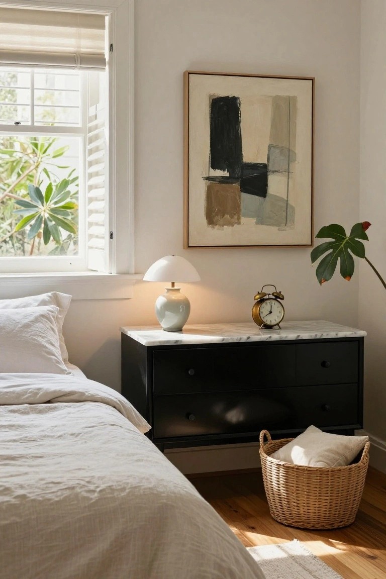 A black chest of drawers with a white marble top sits beside a bed with white linens in a bright bedroom.