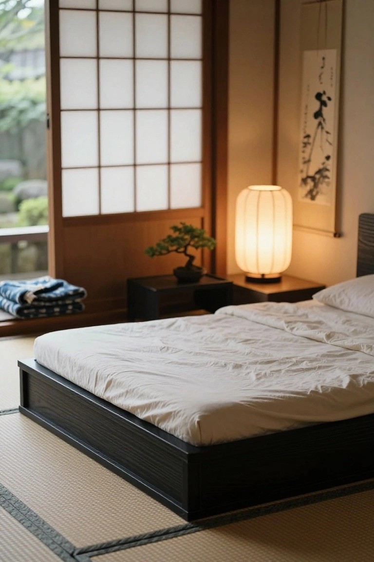 A low black platform bed on tatami mats next to a small dark wooden bedside table holding a bonsai and a glowing paper lamp.