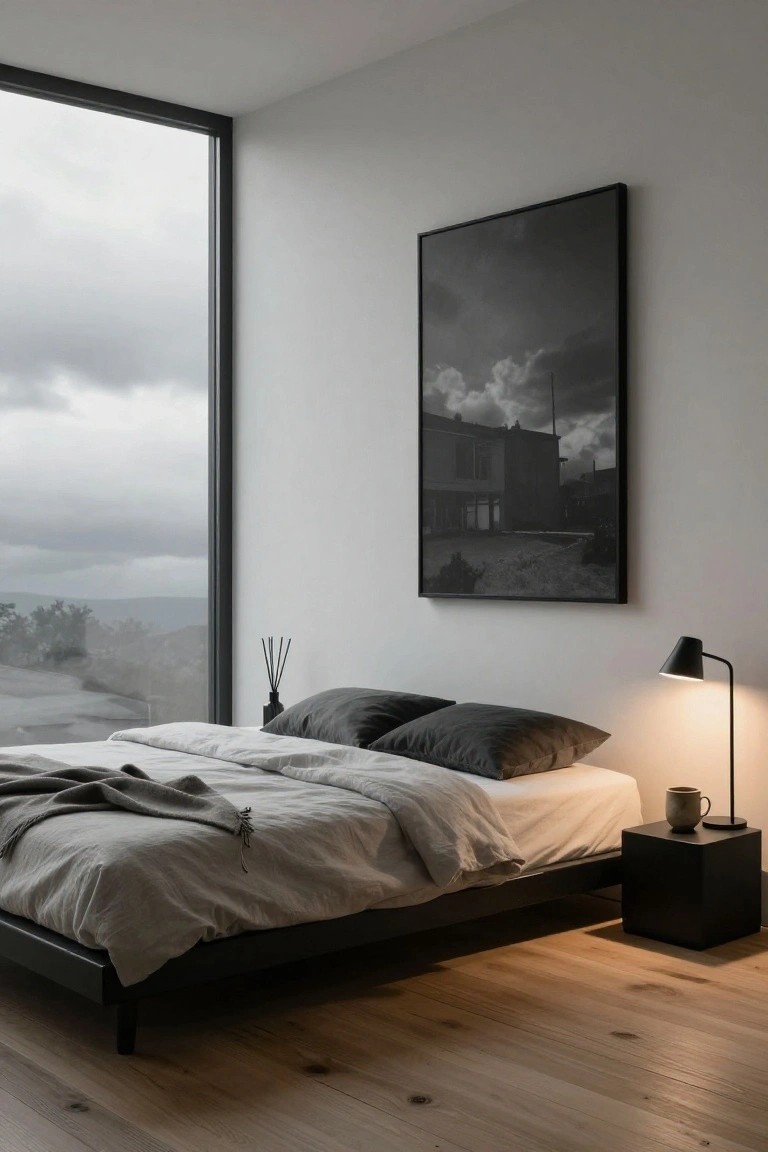 A minimalist bedroom featuring a low black platform bed with rumpled white and gray linens, two dark pillows, and a black cube nightstand holding a lit black lamp, set against white walls with a large window and a framed black and white photograph above the bed.