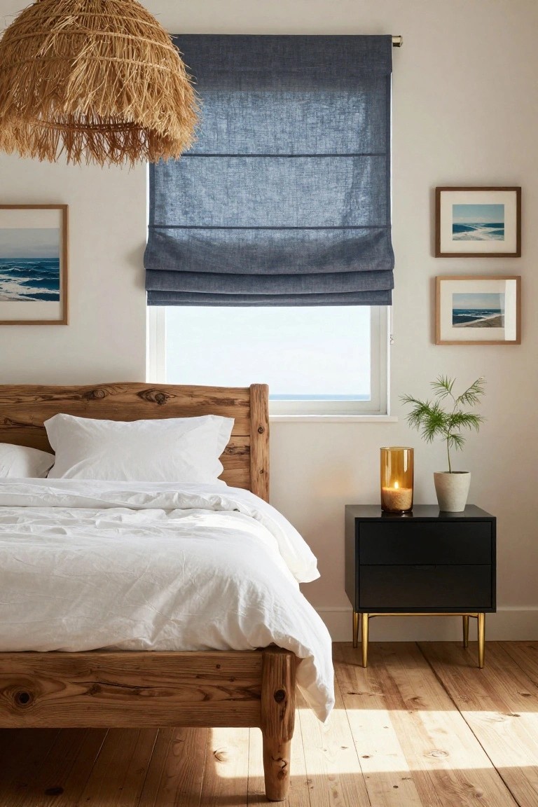 A bedroom scene showing a wooden bed with white bedding next to a black nightstand with gold legs, under a window with a blue roman shade.