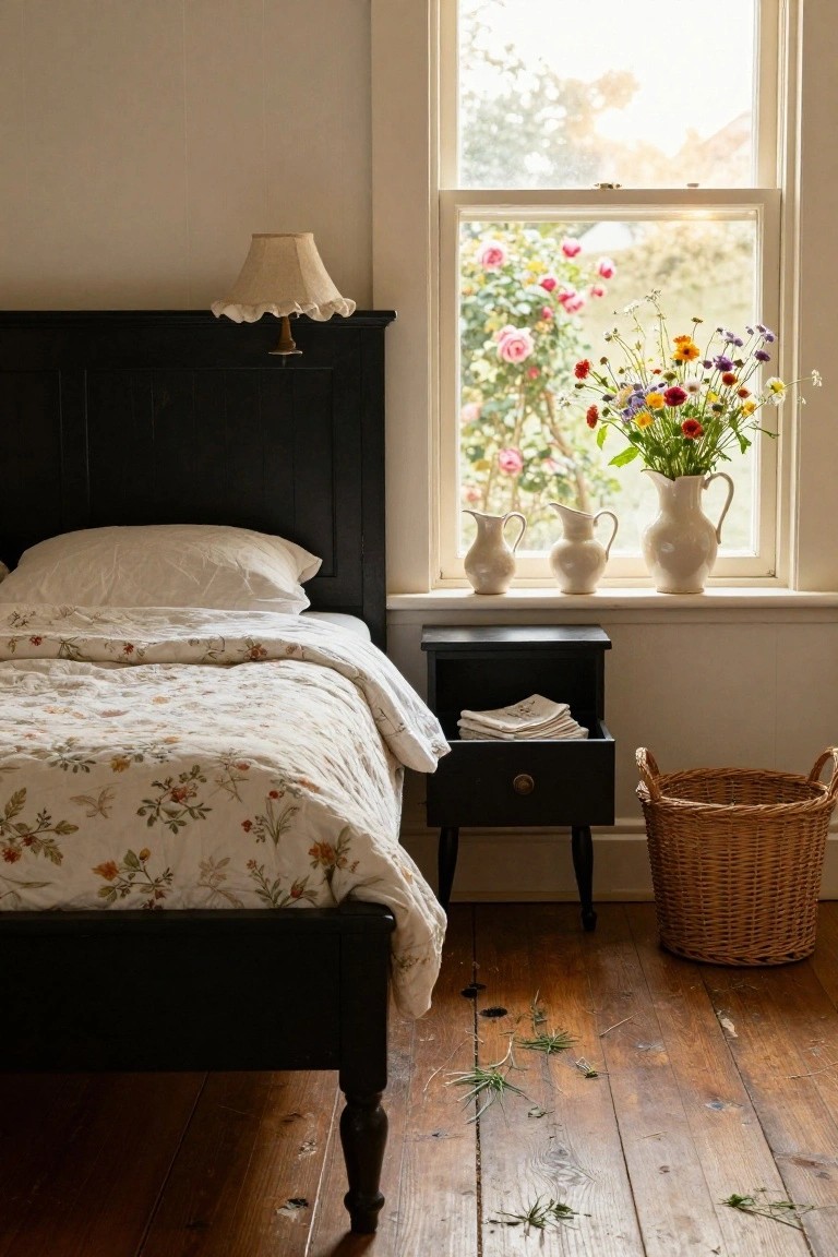 Cozy bedroom with floral bedding, black furniture, and wildflower bouquet by window.