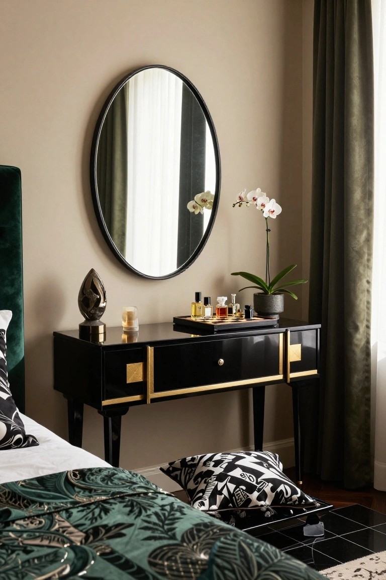A glossy black console table with gold accents sits next to a bed with green patterned bedding, holding perfume bottles and an orchid, with a round black mirror above it.