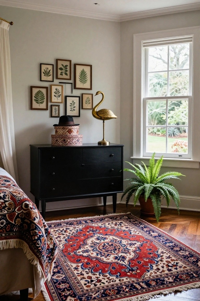 Black dresser with fern, swan sculpture, and red rug by window.