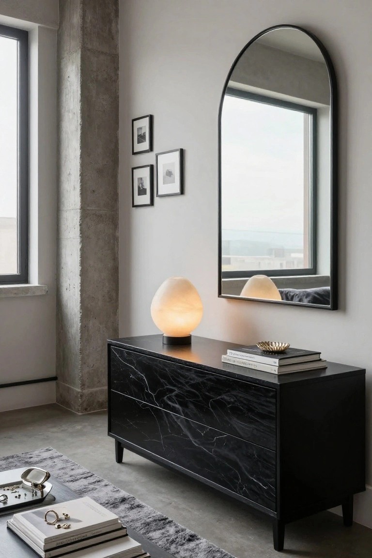 A black marble three-drawer dresser with white veining sits under a large arched black mirror in a light room with concrete walls and a glowing table lamp on top.