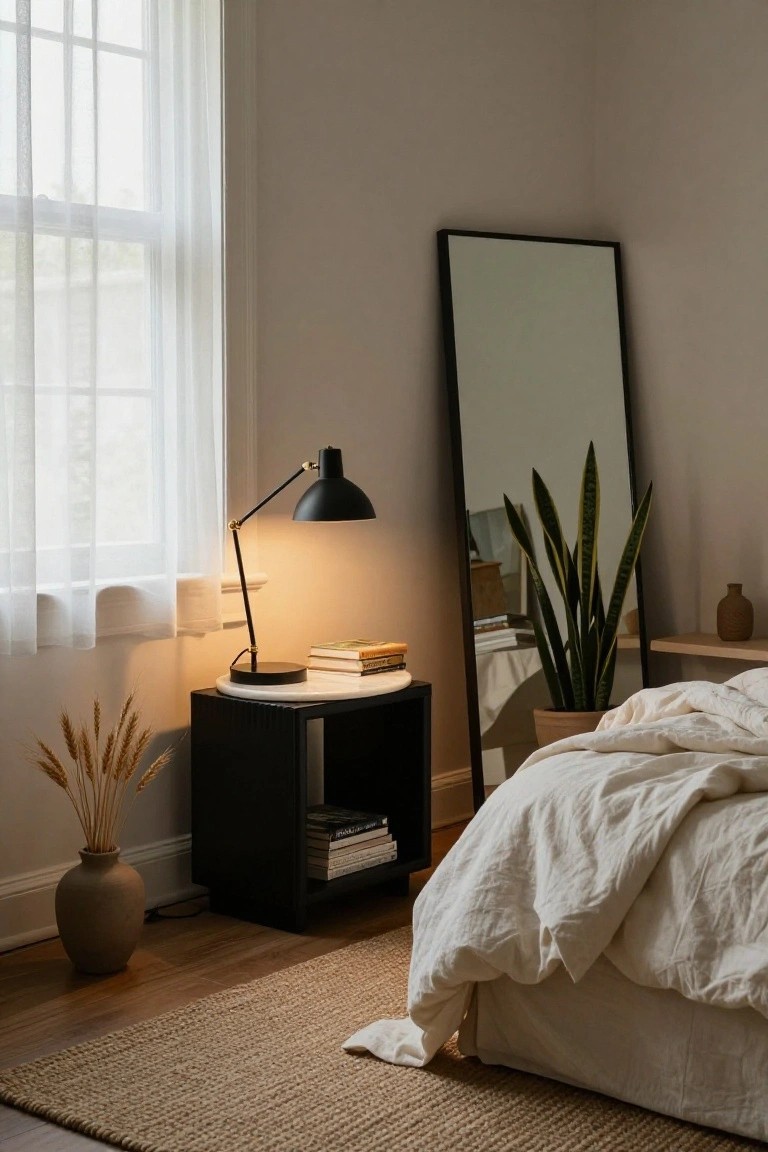 A bedroom scene showing a black bedside table with a marble top and lamp beside a bed with white linens, a tall mirror, and a potted plant.